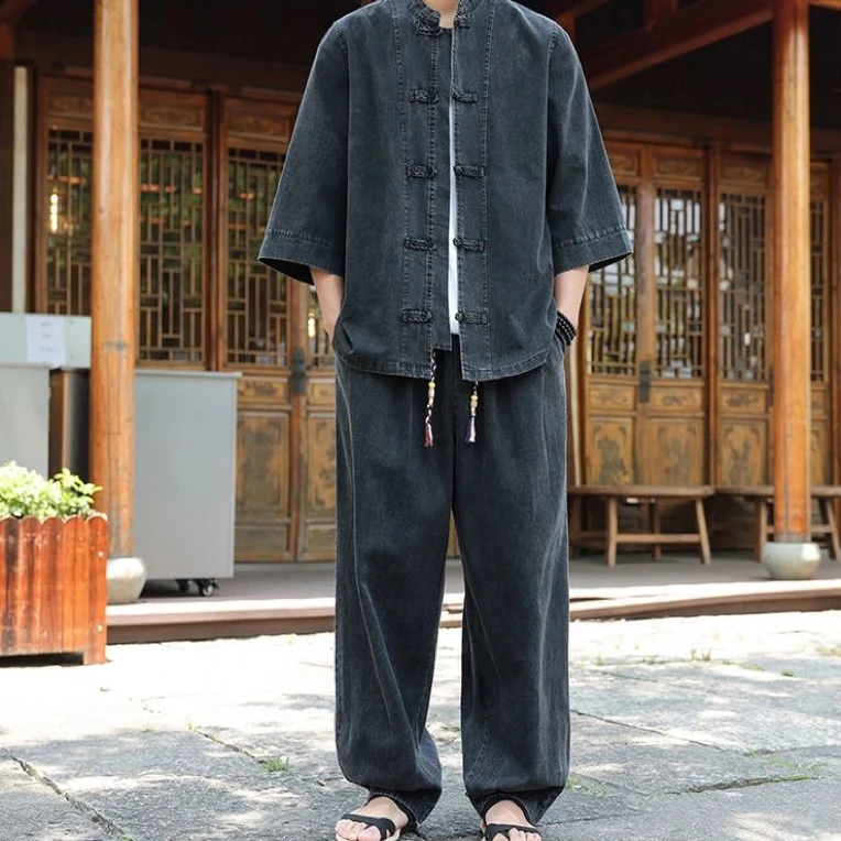【七夕节礼物】夏季新款新中式复古中国风牛仔套装宽松透气两件套
