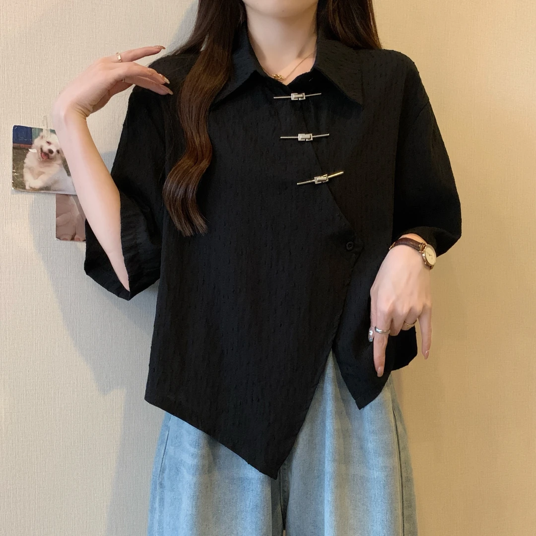 大码女装胖MM夏季新中式不规则设计感宽松显瘦短袖盘扣衬衫