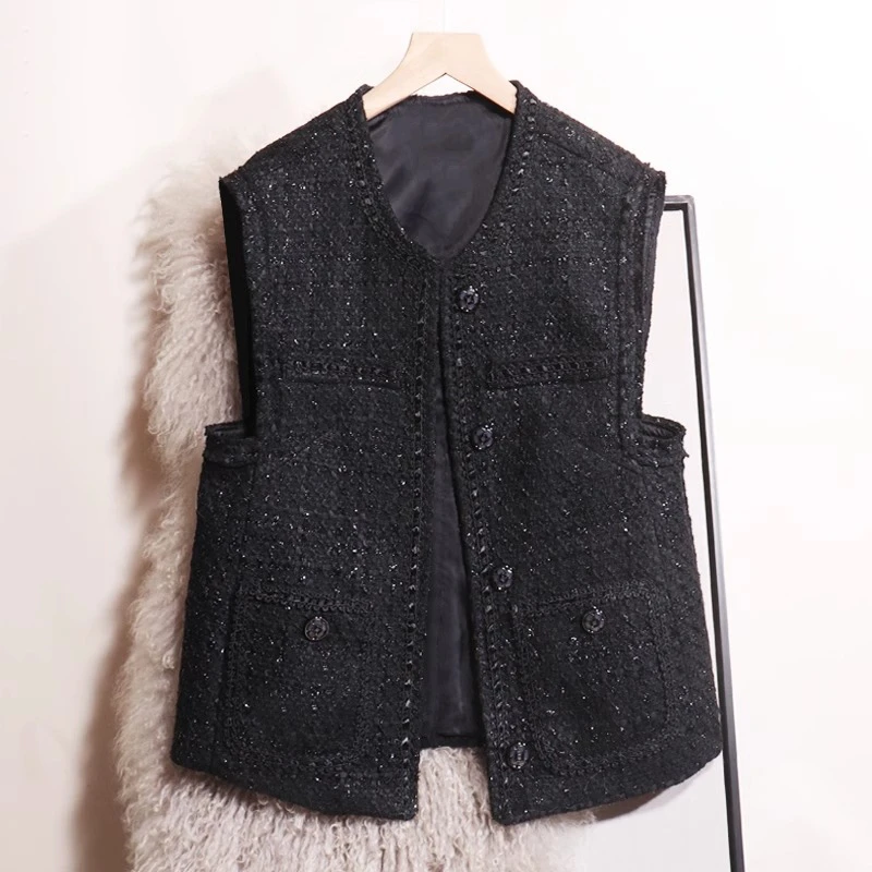 小香风马甲女2025秋冬新款宽松粗花呢重工编织马夹外套外穿坎肩爆