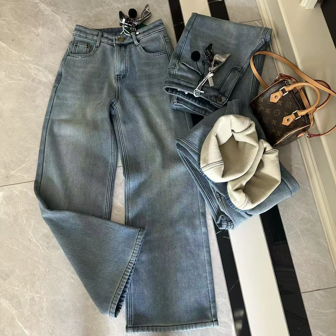 冬季百搭时尚高腰显瘦 密密绒保暖弹力直筒窄版牛仔长裤 99-102梦