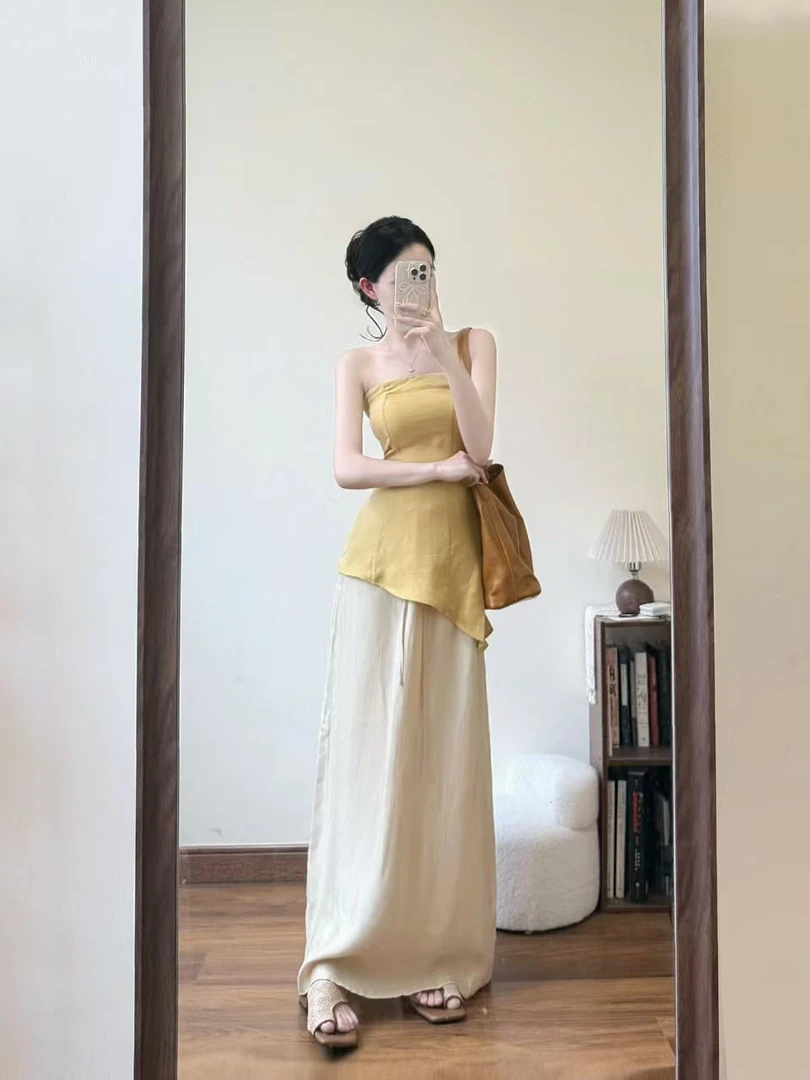 2025春夏新款法式气质小众姜黄色斜裁抹胸高级感垂感半身裙两件套