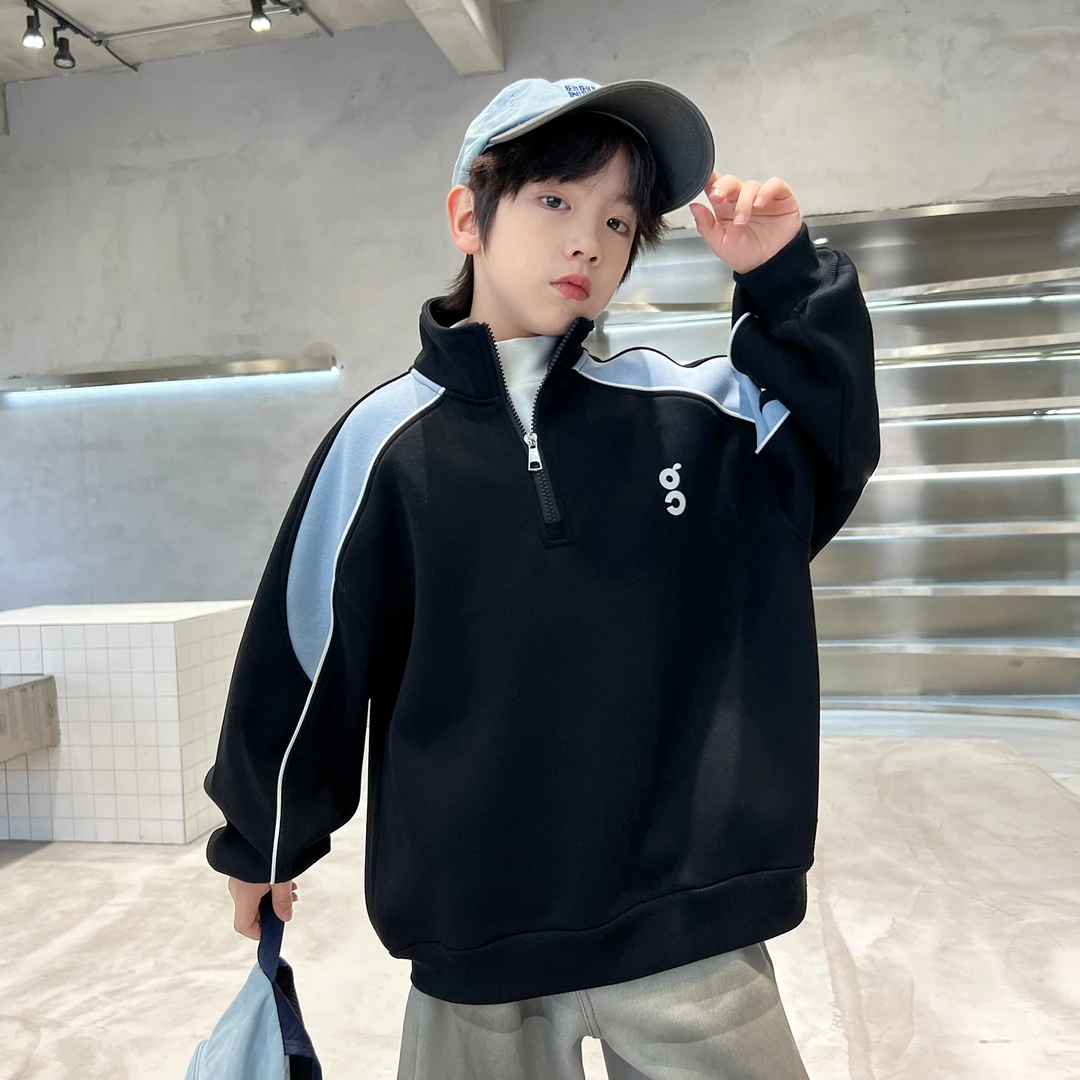 男童加绒卫衣2025新款大儿童秋冬款男孩冬装加厚上衣高领半开衫潮