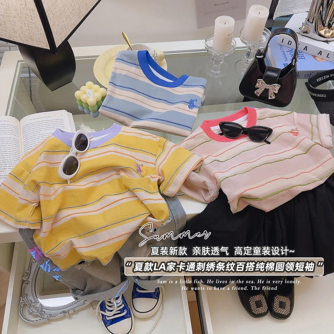 儿童短袖T恤2025夏季新款男女童韩版刺绣上衣爆款圆领简约T恤百搭