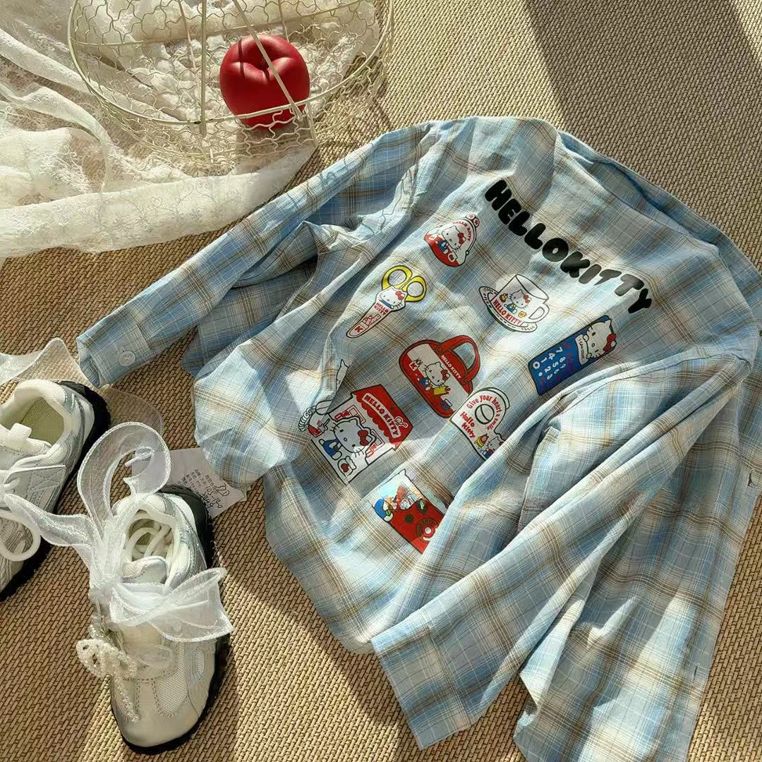 尤画2025春季韩版洋气儿翻领格纹蓝调时尚休闲女童印花衬衫67048