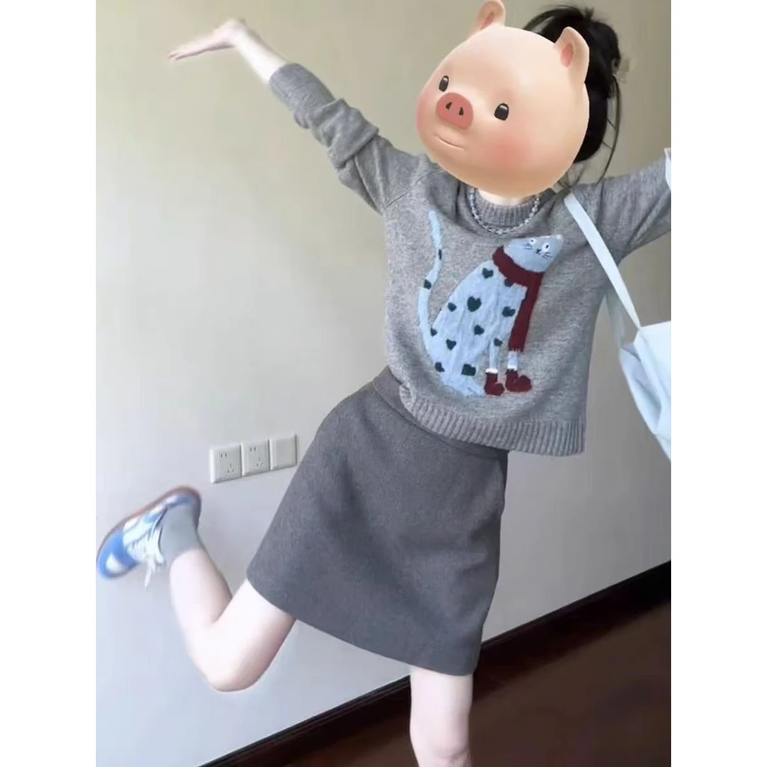 韩系氛围感穿搭一整套早秋新款慵懒风显瘦针织衫毛衣短裙两件套潮