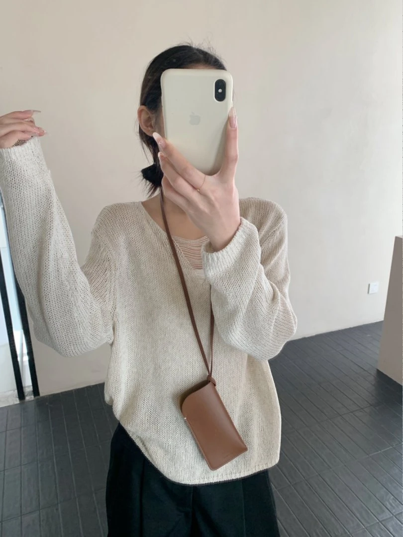 【素简.960161】春款上新天爽亚麻领口破洞镂空设计女装混纺针织衫