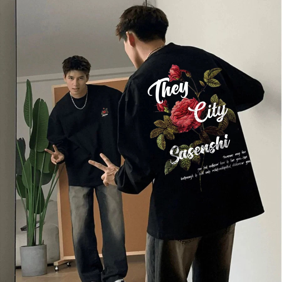 特大码300斤复古玫瑰花长袖t恤男春秋高街痞帅加绒重磅圆领打底衫