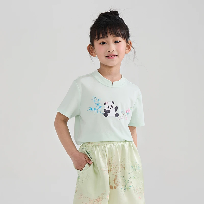 [竹下纳凉]EP雅莹童装2025春女童新款原创熊猫印花立领休闲T恤