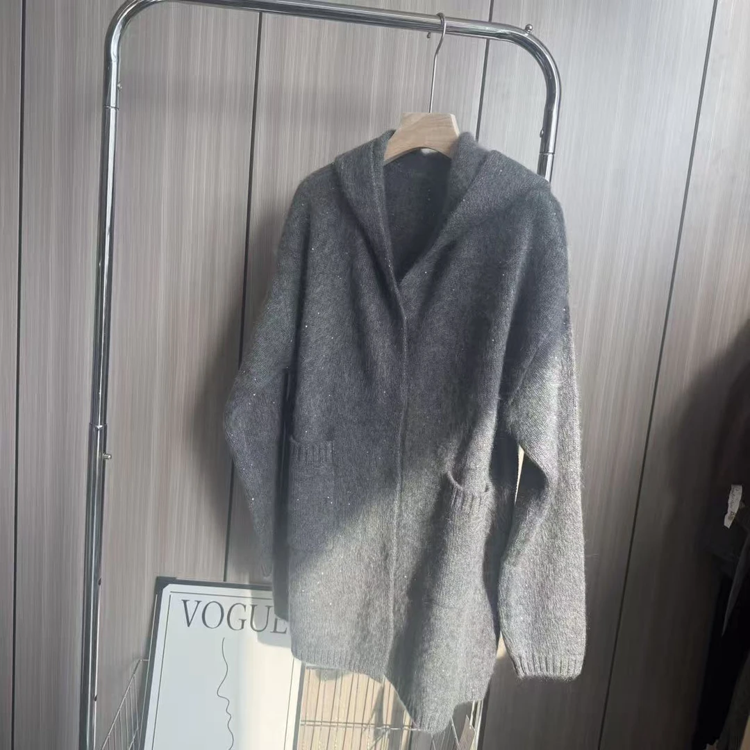 【百分百山羊绒】256648秋冬拉绒款彩色珠片款连帽羊绒衫