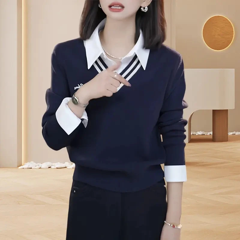 假两件衬衫拼接字母刺绣长袖毛衣女2025秋季新款时尚洋气百搭上衣