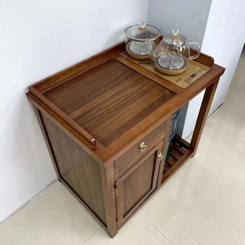 中式实木茶水柜胡桃木边桌侧柜长方形靠墙茶台一体柜无门喷漆工艺