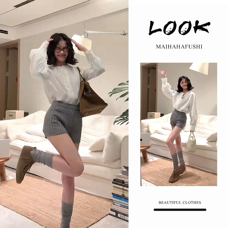 秋季一整套女装2025新款韩版白色圆领长袖衬衫针织高腰短裤两件套