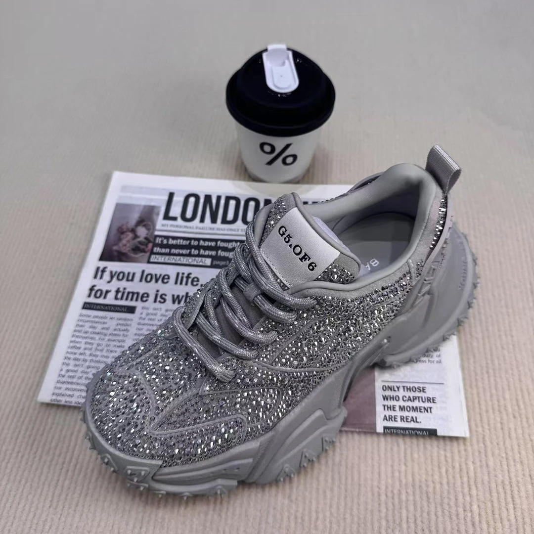 广州2025春夏新款系带时尚烫钻休闲老爹厚底休闲明星同款运动鞋