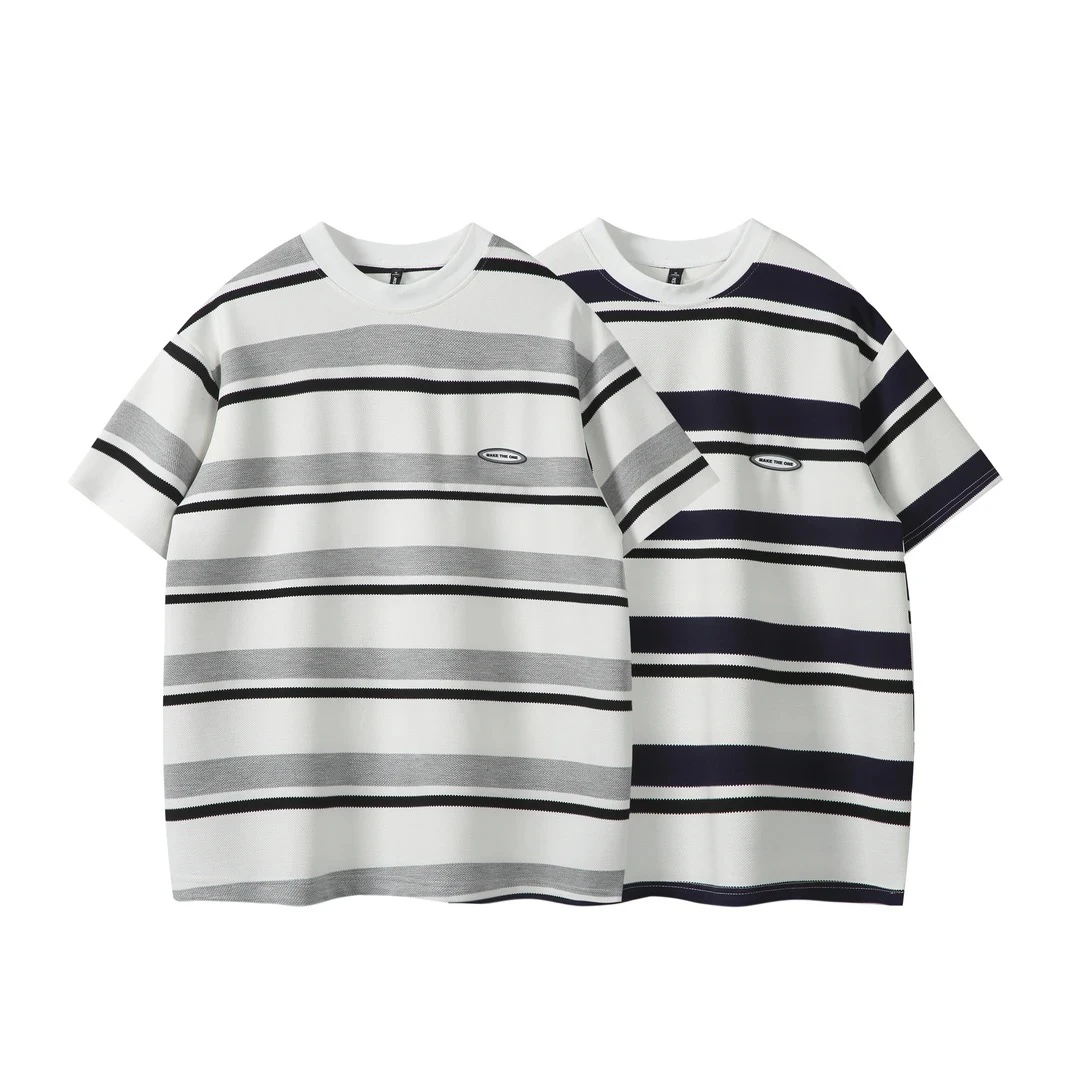 重磅男女条纹T恤潮牌拼色半袖体恤夏季短袖情侣上衣-T559