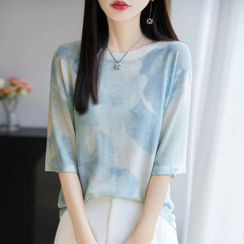 凉爽透气薄款短袖渐变色圆领针织打底衫女气质显瘦百搭t恤空调衫
