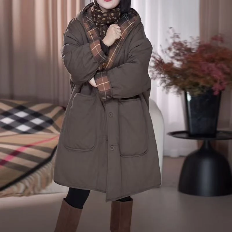 时尚休闲百搭连帽棉服女中长款2025冬季新款保暖宽松显瘦加厚棉衣