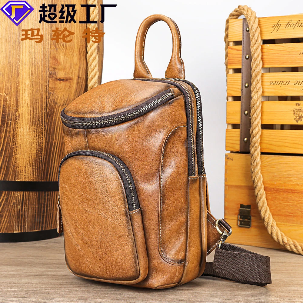玛轮特真皮男士胸包高级感斜挎包复古大容量头层牛皮单肩包胸前包