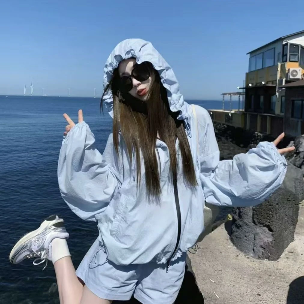 轻薄透气防晒衣女夏外套短裤两件套简约套装时尚运动休闲薄外套