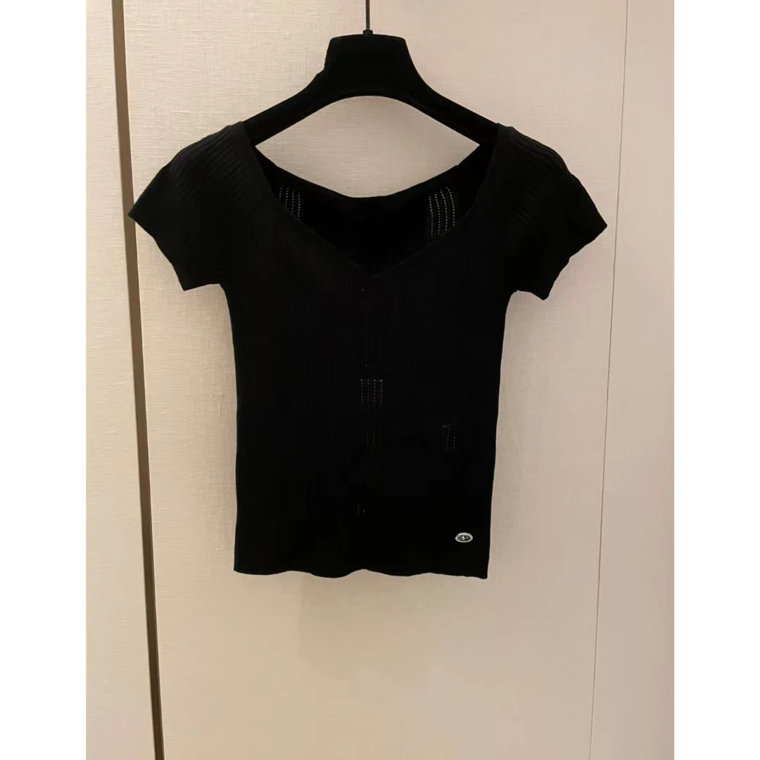 C6218# 臭奶V领一字肩黑白针织短袖