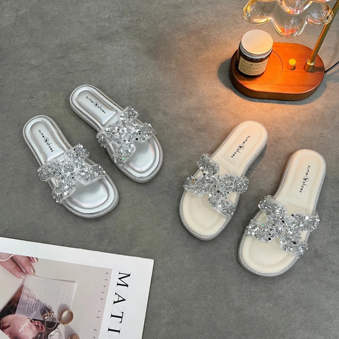 水钻踩屎感拖鞋女2025新款外穿时尚一字拖绝美透明配裙子沙滩凉拖