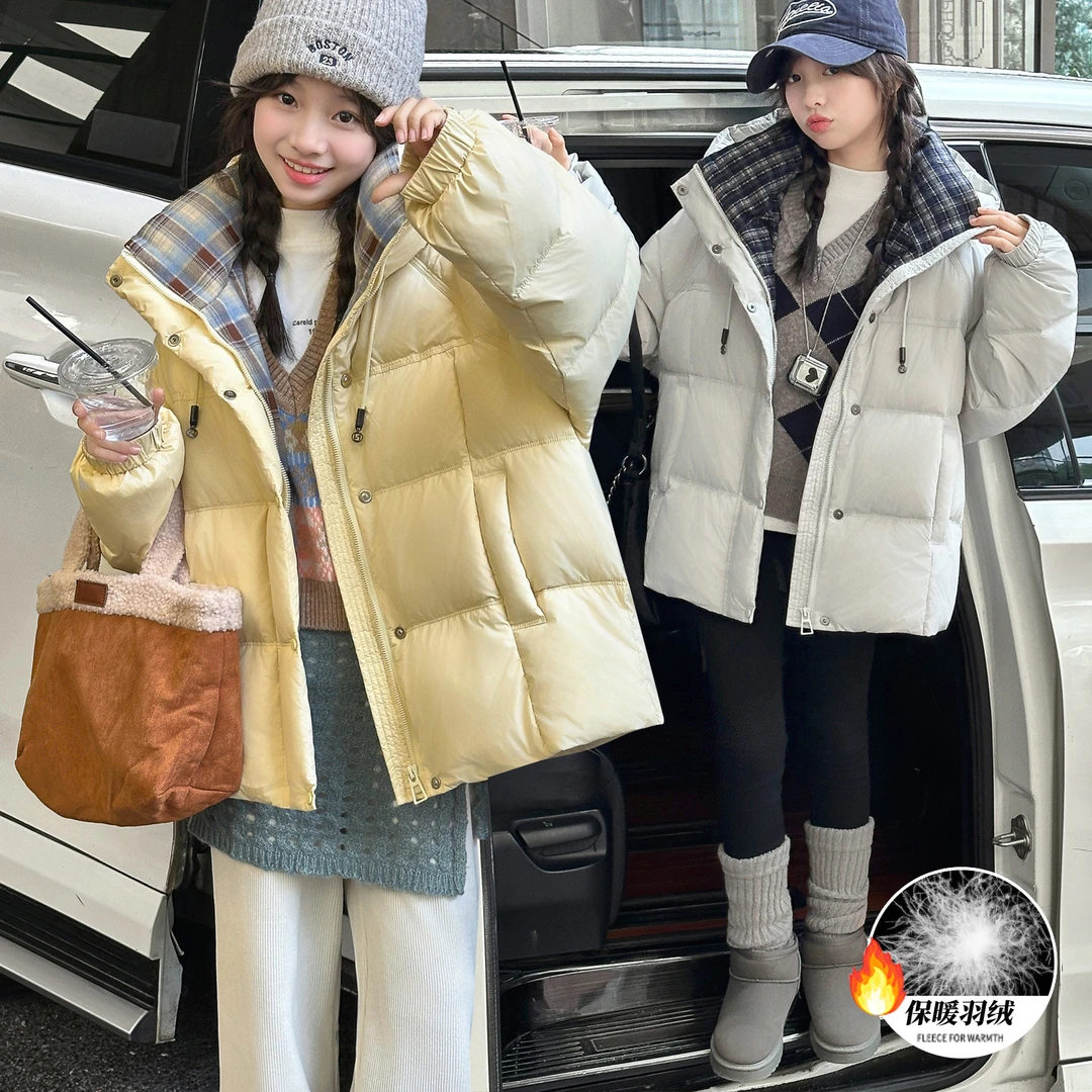 女童冬装保暖羽绒服2025新款儿童韩系大童时髦面包连帽白鸭绒外套