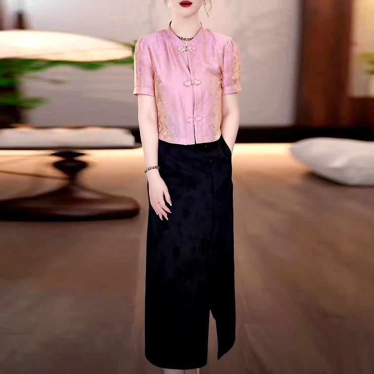 织锦提花缎国风盘扣两件套连衣裙2025夏季新款修身显瘦新中式套装