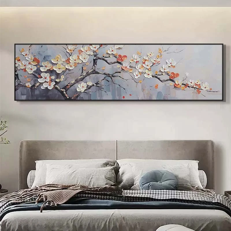 手工砂岩厚油肌理油画立体实物装饰画卧室房床头花开富贵花40150