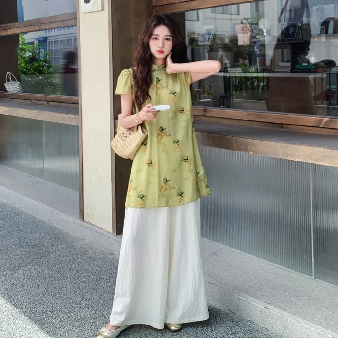 高品质夏季大码新中式国风改良旗袍小唐人上衣+阔腿裤两件套装