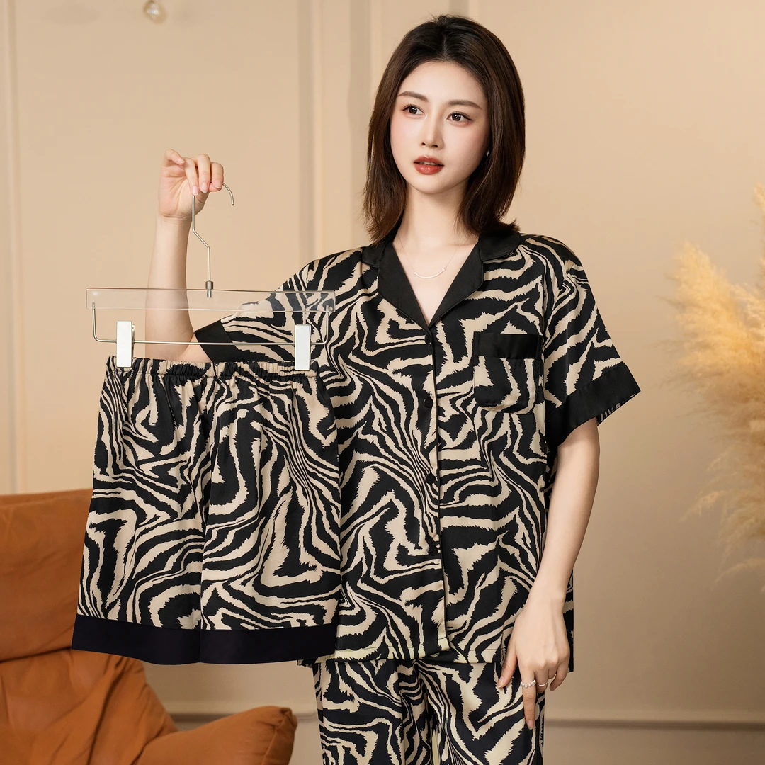 DAVINCIART斑马纹夏季睡衣女款爆款2025新款家居服冰丝短袖三件套