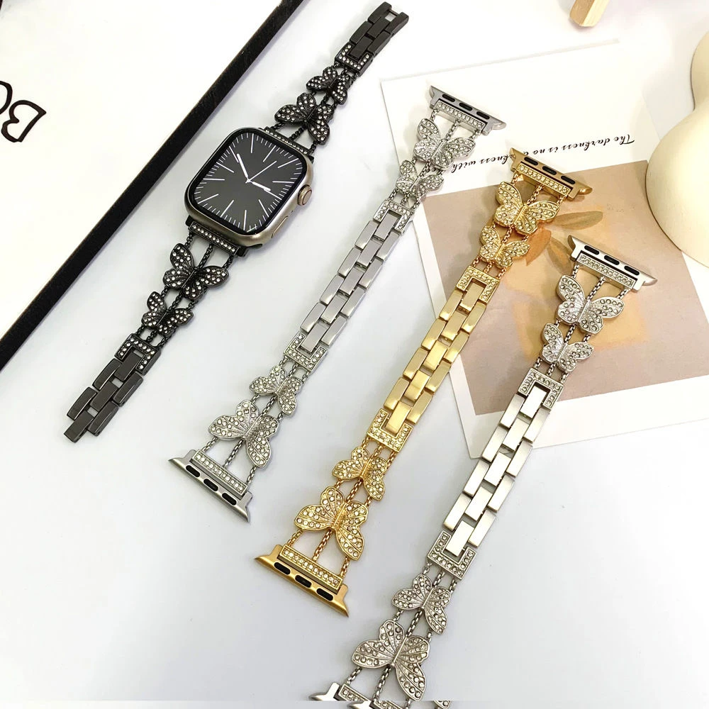 适用于苹果s78iwatch654SEs9华为GT4/5小米手环蝴蝶细钻金属表带