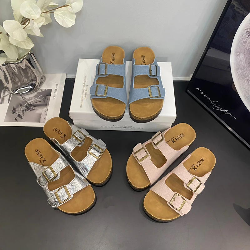 帅老板~2025新款增高3cm复古皮带扣博肯鞋一字凉鞋女
