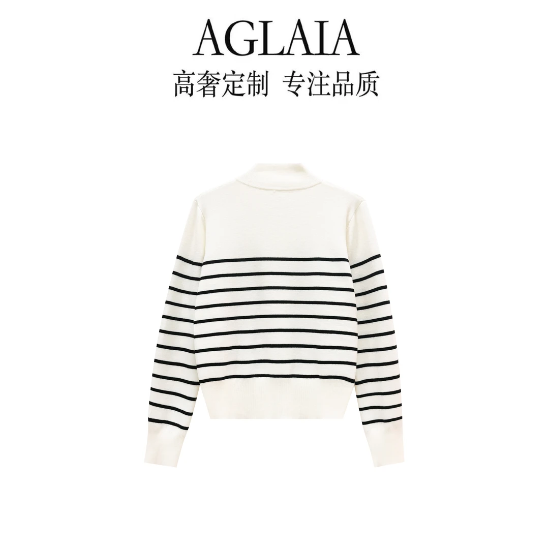 AGLAIA秋季新款休闲百搭简约洋气双头拉链条纹气质针织开衫女6206