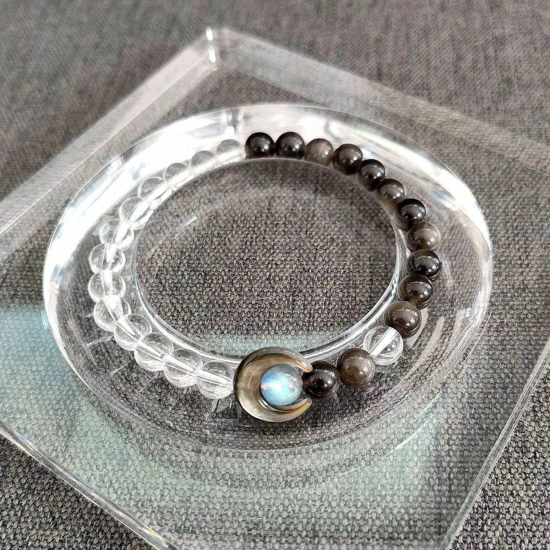 天然 卡6 收藏级白水晶 银曜 灰月光 黑月贝 原创手串