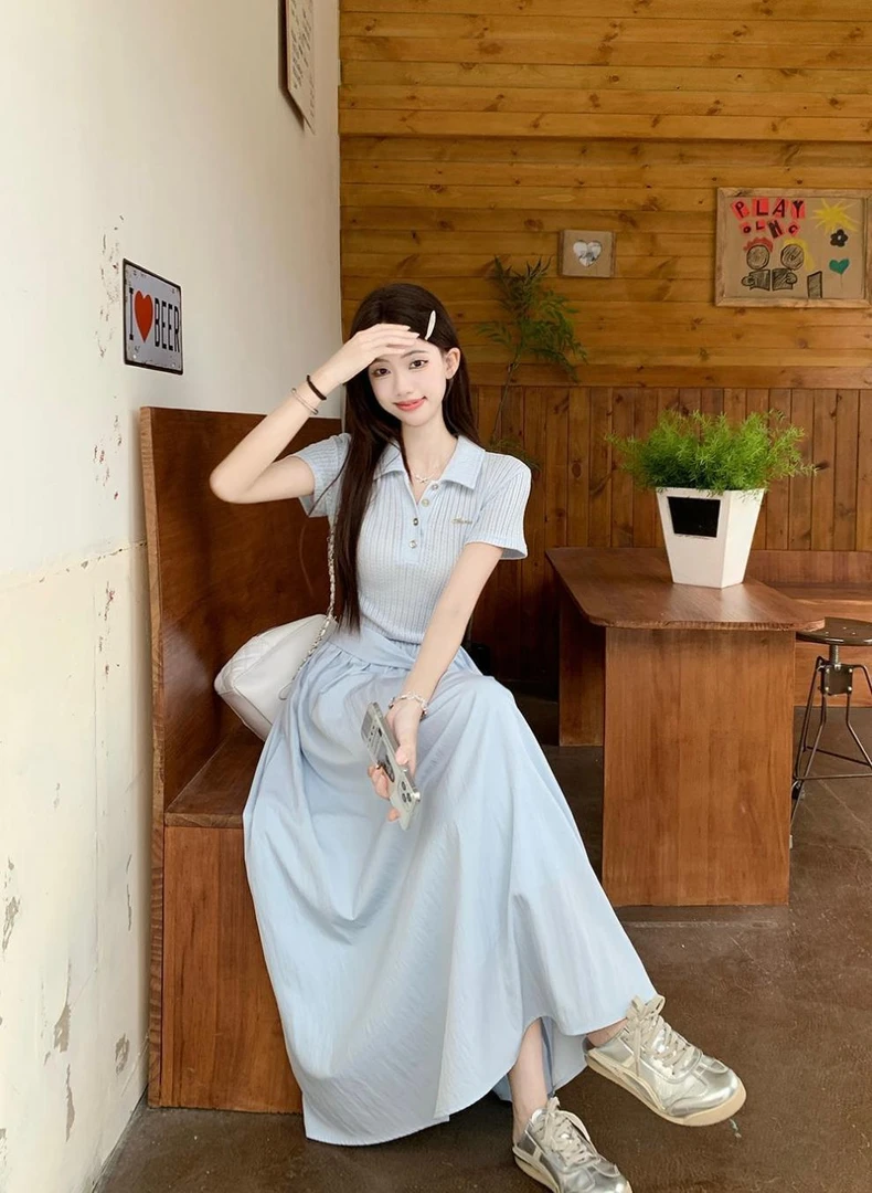 YH-66955大码女装胖mm系带POLO领小众设计感显瘦连衣裙夏季新款