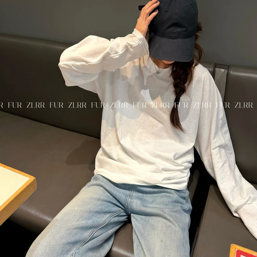 【ZLRR】简约打底衫长袖内搭圆领纯色白T恤