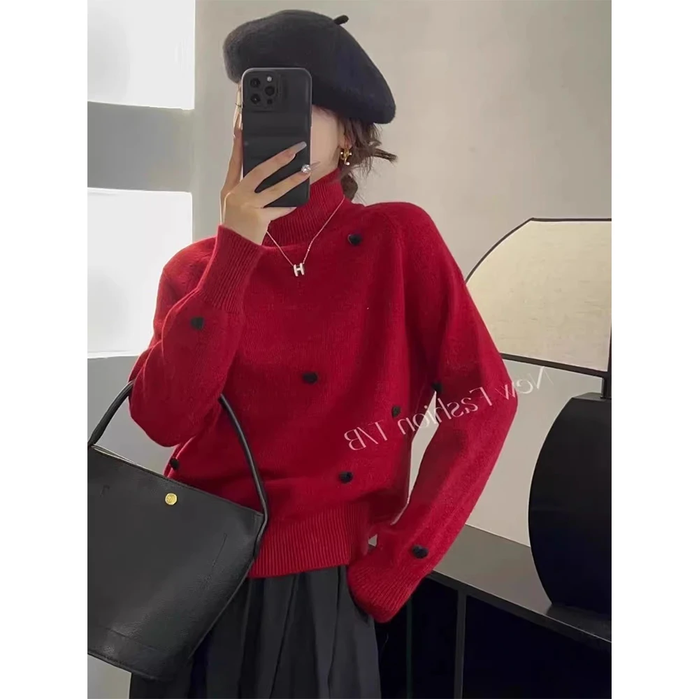 红色复古爱心高领毛衣女秋冬设计感加厚修身内搭打底针织衫上衣