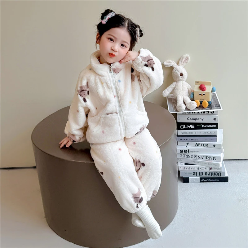 儿童珊瑚绒睡衣女孩秋冬款加厚2025新款宝宝法兰绒套装女童家居服