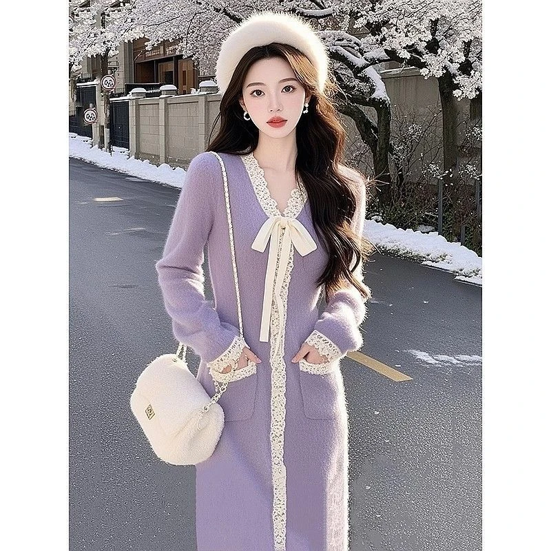 法式名媛高端小洋装绝美奶呼呼大衣内搭紫色新款针织秋冬连衣裙