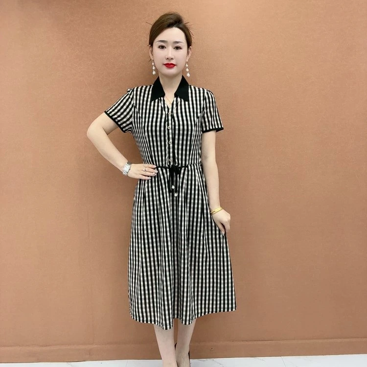 时尚夏季中长裙高弹力常规连衣裙女装显瘦夏装气质收腰中长款条纹