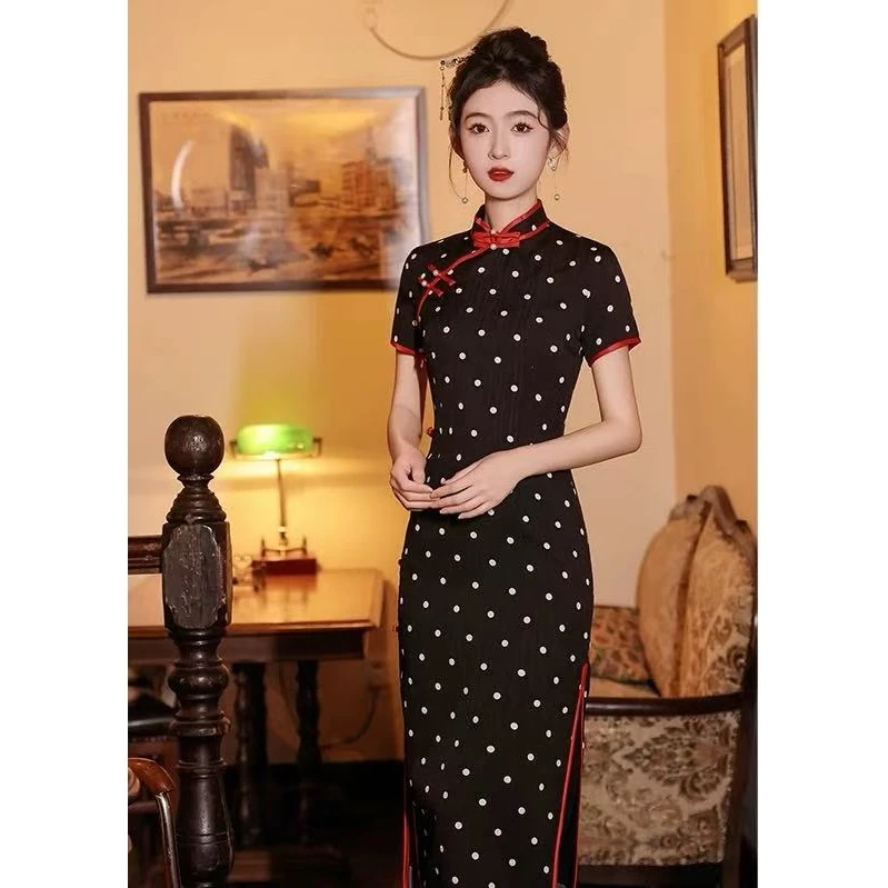 黑色波点旗袍年轻款改良2025新款中式复古连衣裙显瘦日常可穿女款