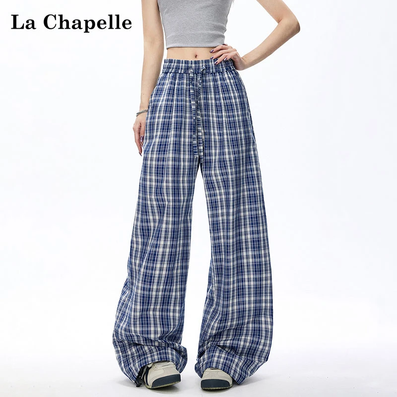 拉夏贝尔夏秋美式复古格纹休闲长裤男女同款显高显瘦廓形阔腿裤