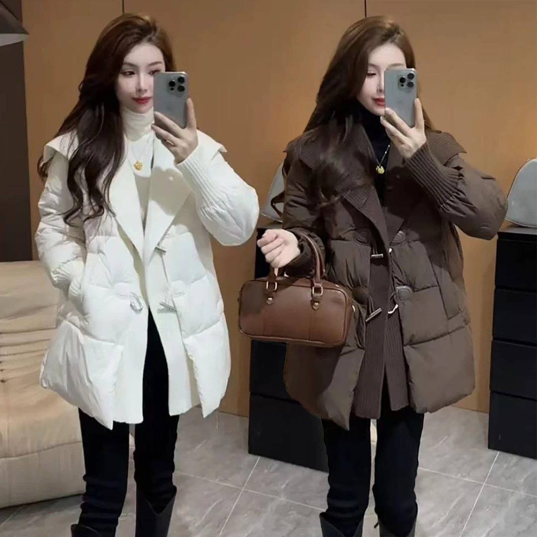 高级感宽松中长款棉服女2025冬季新款大翻领棉衣拼接加厚棉袄外套