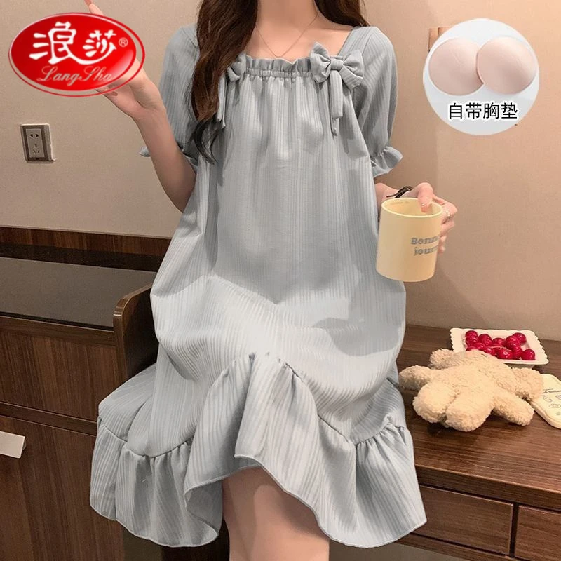 浪莎睡裙女2025年新款夏季棉质短袖公主风连衣裙夏天带胸垫睡衣家