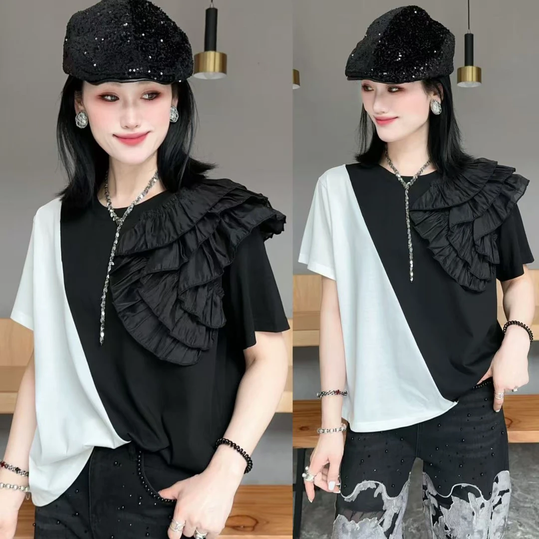 【YJ·高定】2025夏季薄款百搭显瘦假两件气质减龄半袖上衣女 YY2524