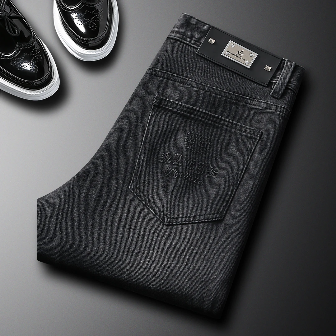 姆尔丘顿MERCUTON秋冬新款黑灰色牛仔裤男士潮流修身直筒裤子百搭