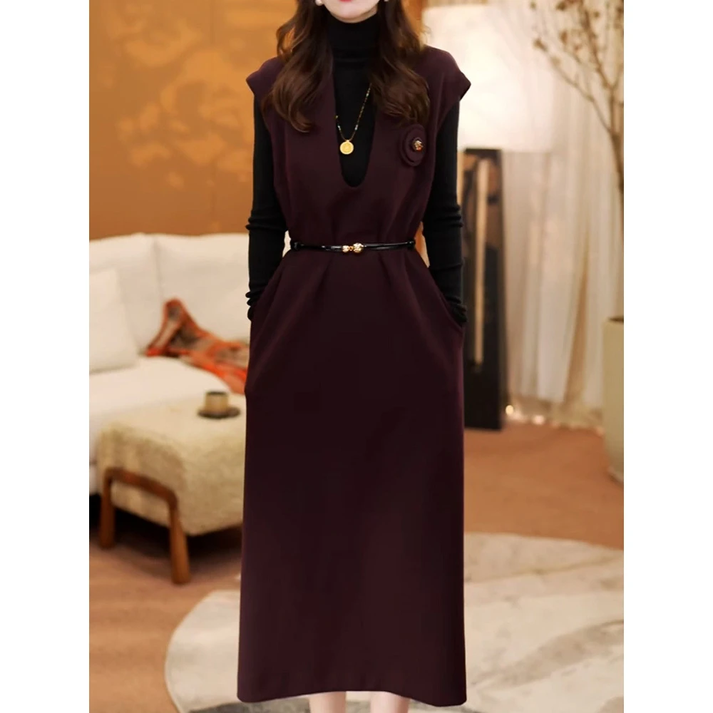 韩系名媛高级感裙套装2026春季新款打底高领保暖上衣+纯色背心裙