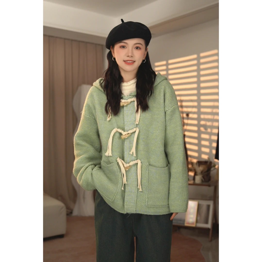 圆圆 【丝带情结】长袖针织连帽百搭休闲隐藏拉链毛衣开衫 YY 7098
