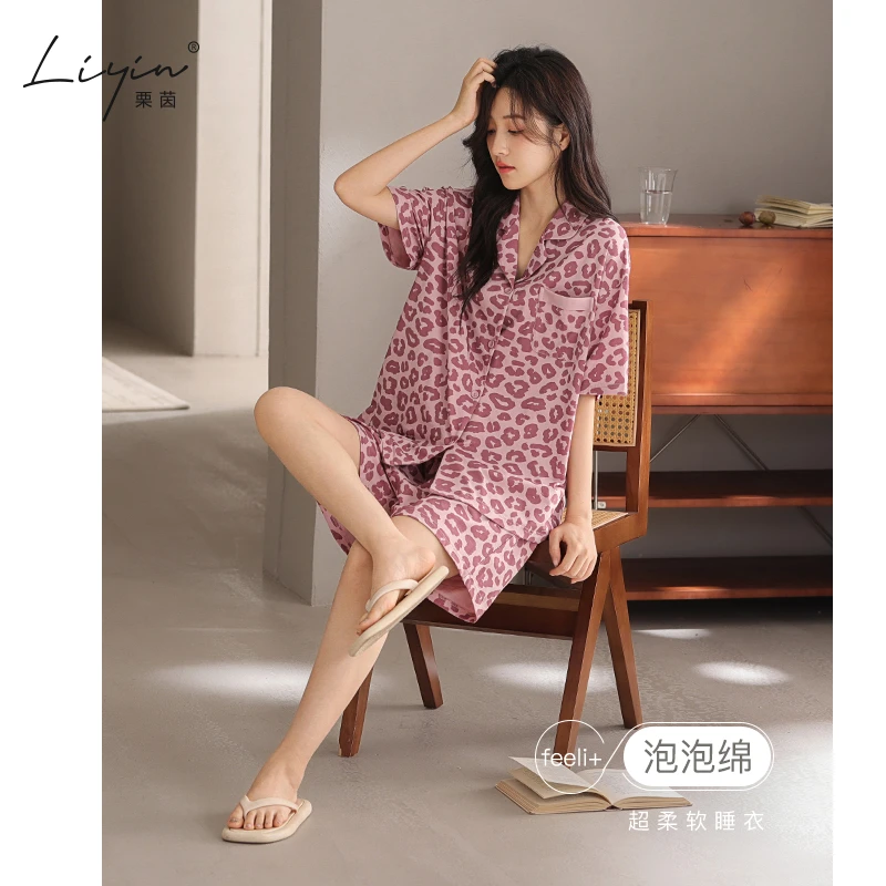 栗茵小众设计师新款泡泡绵女士睡衣夏季短袖可外出家居服套装