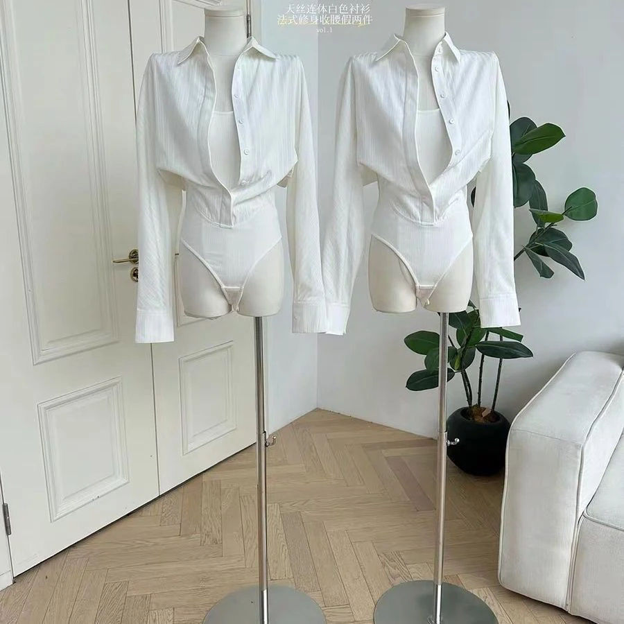柒月末 天丝连体白色衬衫女夏季法式修身收腰POLO领上衣假两件