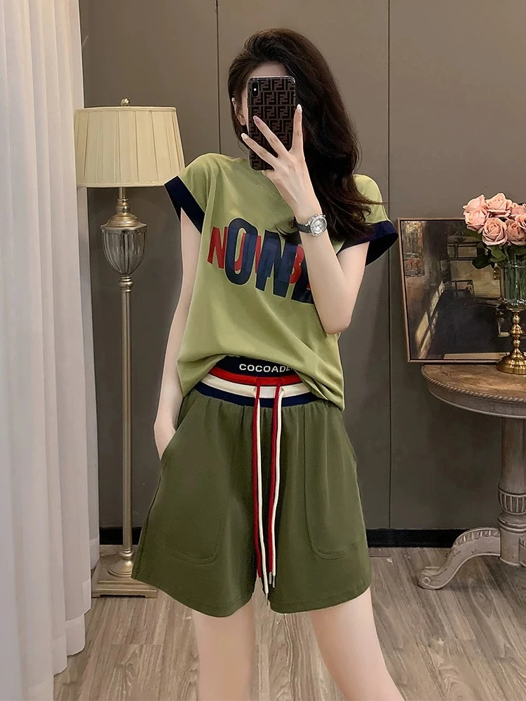 设计感撞色圆领字母印花胖mm短袖T恤女夏季2025新款宽松显瘦上衣